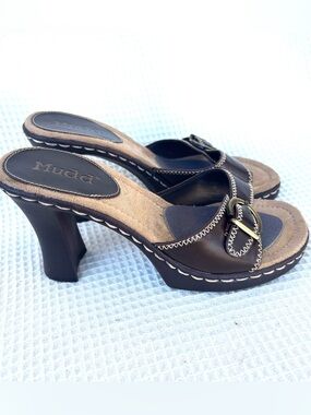 Mudd Dark Brown Faux Leather Buckle Heeled Sandals